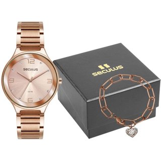 Kit Relógio Feminino Casual Cristais Rosé Pulseira Coração Seculus