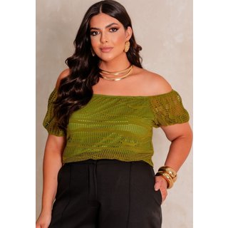 Blusa Plus Size Crochê Manga Princesa Verde