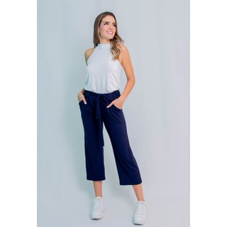 Calça Pantacourt Maria Paes com Bolso e Cinto Azul Marinho
