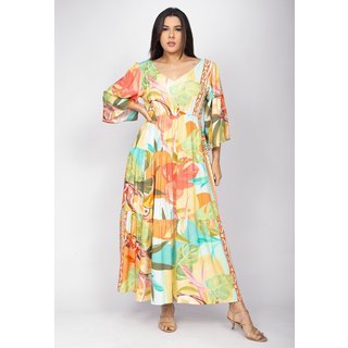 Vestido Longo Amazônia Vital Plano com Manga e Camadas Estampa Samba das Cores