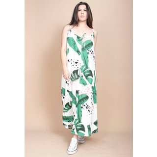 Vestido Longo Cabanafree Caçuá Viscose Alça Fina Estampa Folhagem Poética
