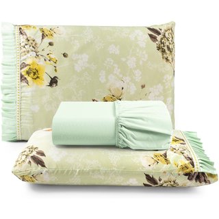 Jogo Cama Lençol Fiore Casa Scarpa Queen Estampado 180 Fios 100% Algodão com Babadinho 3 Peças Verde Floral