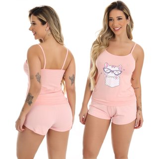 Pijama Curto Baby Doll Rosê Gatinho