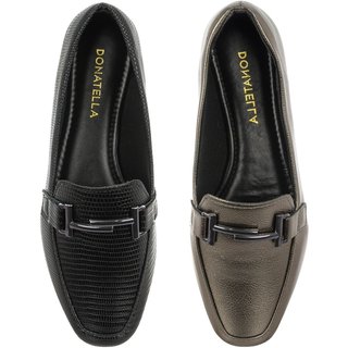 Kit 2 Pares Sapato Feminino Mocassim CM Calçados Bico Quadrado Confort Preto e Prata Velho