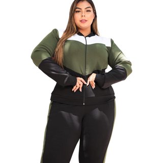 Conjunto Agasalho Summer Body Plus Size Malha Crepe com Zíper Verde Militar