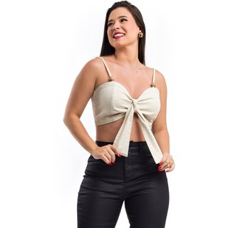 Cropped Restrito Jeans De Linho 2 em 1 com Zíper - Bege