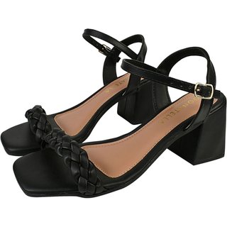 Sandália Feminina CM Calçados Bico Quadrado Salto Alto Casual Trança Confort Santorine Preto