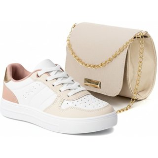 Tênis Sneakers Branco Feminino Retrô Conforto Diário com Bolsa Off-White Moda Atemporal