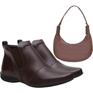 Kit Bota Feminina Cano Baixo Anna Andrade Botinha Rasteira Casual Elástico Bolsa Ombro Café