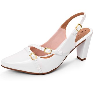 Scarpin Feminino Lumiss Slingback Salto Fino Confortável Bico Fino Fivelas Verniz Branco