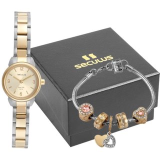 Kit Relógio Feminino Clássico Bicolor Com Pulseira Berloques Seculus
