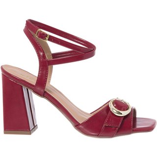 Sandália Feminina Stessy Bico Quadrado Salto Bloco Fivela Luxo Moda Vermelho