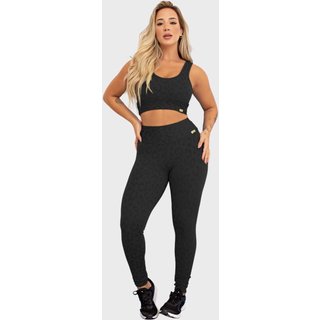 Conjunto Fitness Tarelles Top Calça Legging Textura Onça Preto