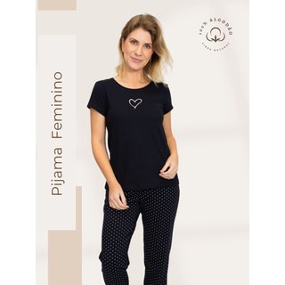 Pijama Algodão Feminino Blusa Manga Curta e Calça Inverno Adulto – Preto Coração