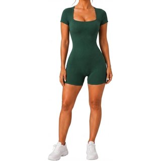 Macaquinho Feminino Fitness Canelado com Decote Quadrado e Manga Curta