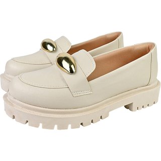 Sapato Feminino Mocassim Tratorado Donatella Shoes Bico Redondo Confort Enfeite Grande Off White