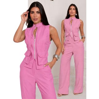 Conjunto Feminino Colete Duplo Gola Padre com Zíper e Calça Pantalona Alfaiataria - Rosa Blossom