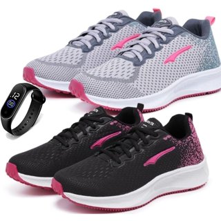 Kit 2 Tênis Femininos Ortopédicos Esportivos para Academia Treino Corrida Preto Cinza + Relógio Led