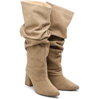Bota Feminina Enrugada Slouchy Salto Grosso Cano Longo 23021 Camurça Areia
