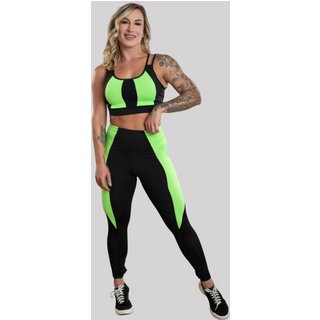 Conjunto Fitness Feminino GJR Modas Calça Legging Cintura Alta Detalhe Recorte E Top Cropped Tira Nas Costas Academia Verde