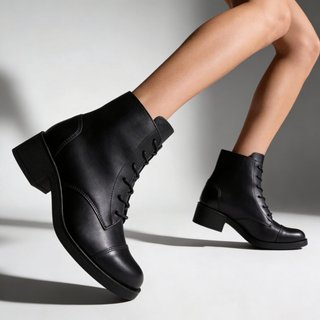 Bota Feminina Cano Curto Em Couro Casual Amarração Moda Maria Paula Preto