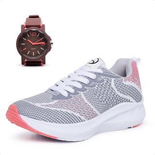 Tênis Feminino Ousy Shoes Esportivo Treino Caminhada Academia Leve Confortável Combo Mais Relógio Branco