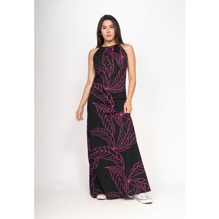 Vestido CabanaFree Longo Eirapuã Malha Trapézio Estampa Antúrios Lilás