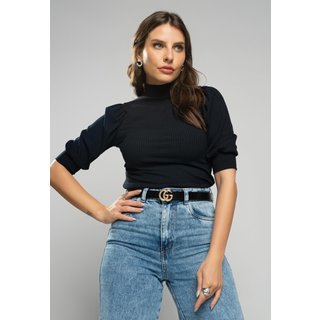 Blusa Salvatore Princesa Manga Curta Canelada Preta