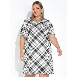 Vestido Evasê Com Mangas Plus Size Xadrez Preto Marguerite