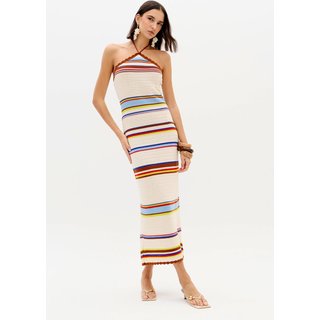 Vestido Feminino Lança Perfume Tricot Frente Única Listrado Midi Bege