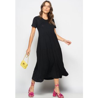 Vestido Midi Manga Curta Com Babado Salvatore Preto