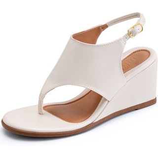 Sandália Feminina Lumiss Anabela De Dedo Confortável Bico Redondo Fivela Off White