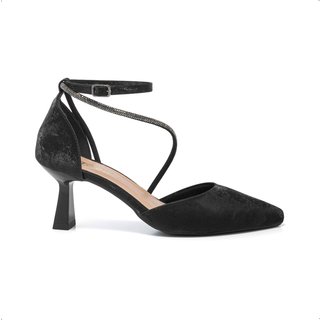 Scarpin Feminino Stessy Salto Taça Bico Fino Elegante Strass Luxo Velvet Preto