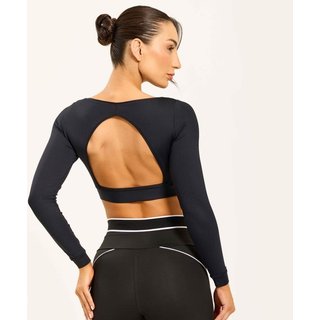 Cropped Manga Longa Preto Decote Costas Poliamida Soft Com Bojo Donna Carioca