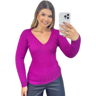 Blusa Feminino FMF Suéter de Tricô Lilás Manga Longa