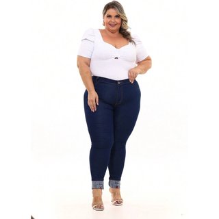Calça Jeans Feminina Plus Size GARAIS MODA com Barra Estampada Modelo Básico Linha Premium