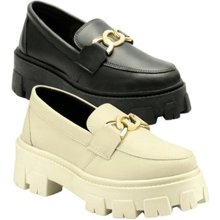 Kit 2 Mocassim Tratorado Feminino Oxford Plataforma Com Metal Blogueira Leve GuGi 403-GG Marfim e Preto