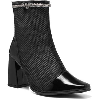 Bota Feminina Stessy Shoes Tela Cano Curto Bico Quadrado Strass Macia Verniz Preto