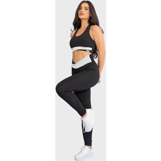 Conjunto Fitness Tarelles Top Calça Legging Transpassado Cintura Alta Preto e Branco
