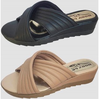 Kit 2 Pares Tamanco Feminino Tiras Anabela Conforto Moda Pé Preto/Nude