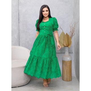 Vestido Festa Midi Soltinho Elegante Moda Evangélica Verde Bandeira