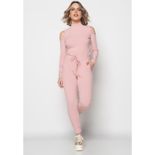 Conjunto Comfy Com Blusa Ombro Vazado Manga Longa e Jogger Canelada Salvatore Fashion Rosa