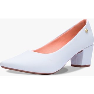 Scarpin Feminino Takata Salto Bloco Baixo Grosso Sapato Sintético Bico Fino Branco