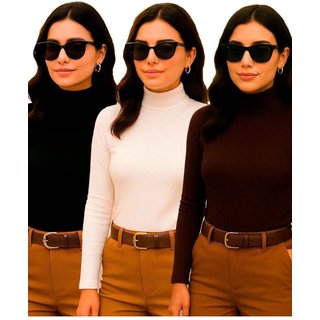 KIT 3 Blusa Feminina Cacharrel Canelada Gola Alta e Manga Longa Básica Casual ou Negócios Moda Outono Inverno Preta Branca e Marrom