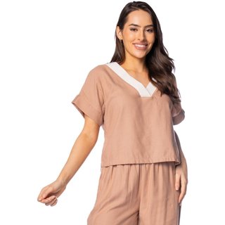 Blusa Cropped Feminina Giraffe Gola V Contrastante Marrom