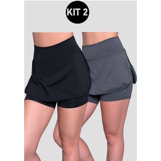 Kit 2 Shorts Saia 4 Estações Fitness Feminino Liso Tapa Bumbum Cintura Alta Cinza/Preto