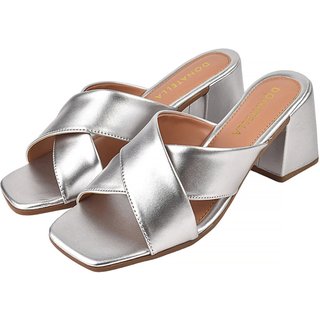 Sandália Feminina Tamanco Donatella Shoes Bico Quadrado Salto Alto Cruzada Metalizada Prata
