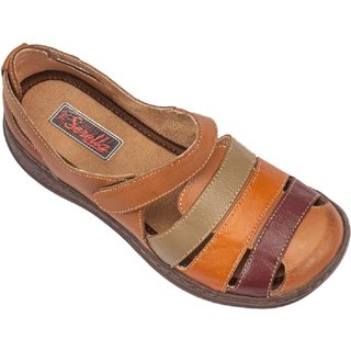 Sandália Baixa Conforto Serella Retrô 7073 Caramelo Tiras coloridas