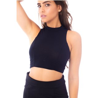 Blusa Cropped Moda Vicio Gola Alta Com Recorte Preto