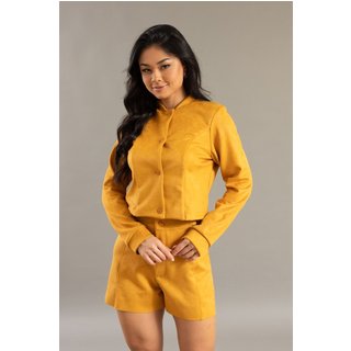 Casaco Feminino em Suede Curto com Recortes Manga longa Dialogo Jeans Mostarda